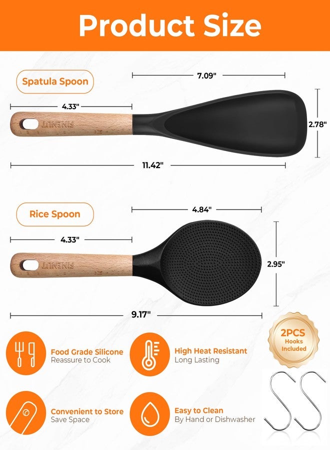 FINENUT Multifunction Silicone Spatula Spoon 2-Pack Dual-Use-Heat-Resistant 446°F BPA-Free Non-Toxic Cooking for Non-Stick Cookware,Rice Cookers,Wooden Handle Scoop/Serve Meal/Rice Spoon Set (Black) - Image 3