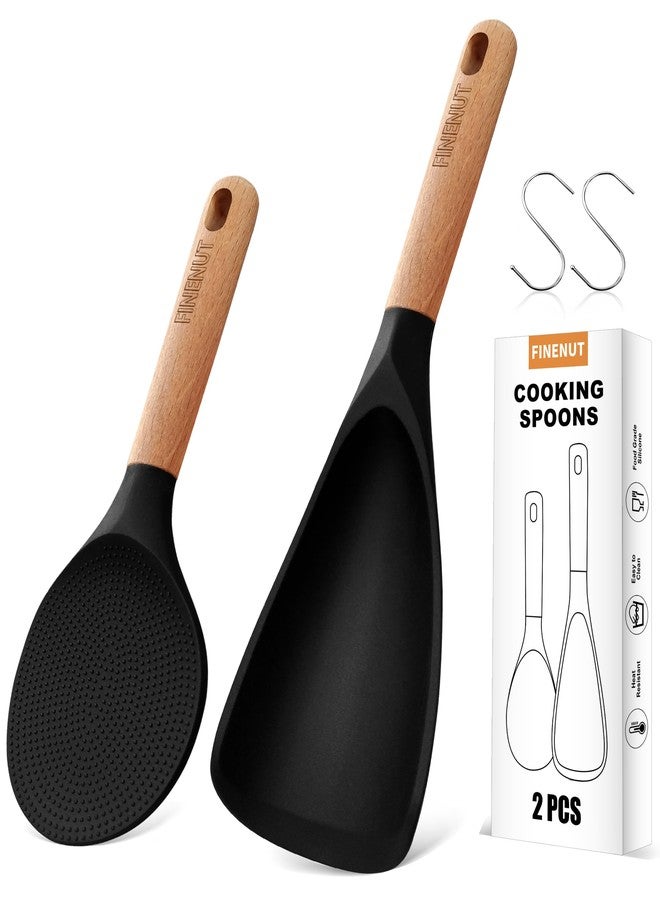FINENUT Multifunction Silicone Spatula Spoon 2-Pack Dual-Use-Heat-Resistant 446°F BPA-Free Non-Toxic Cooking for Non-Stick Cookware,Rice Cookers,Wooden Handle Scoop/Serve Meal/Rice Spoon Set (Black) - Image 1