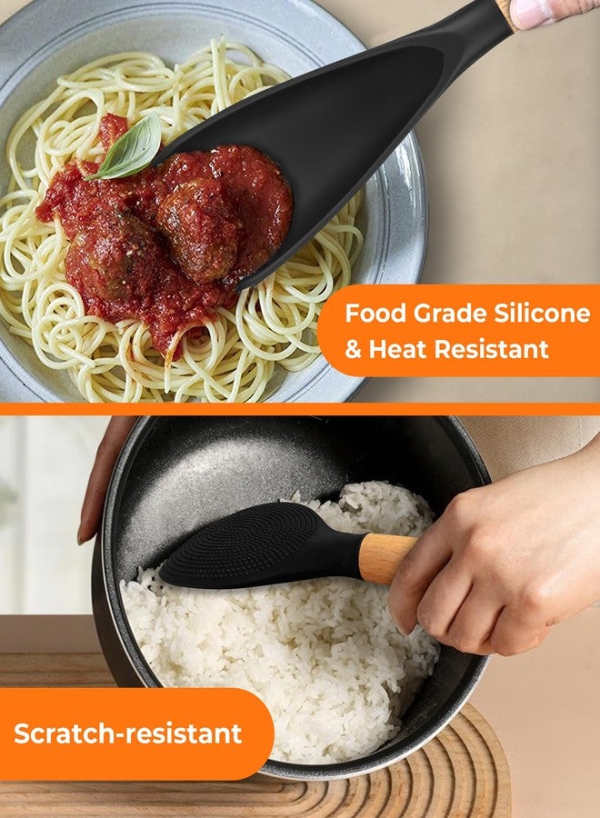 FINENUT Multifunction Silicone Spatula Spoon 2-Pack Dual-Use-Heat-Resistant 446°F BPA-Free Non-Toxic Cooking for Non-Stick Cookware,Rice Cookers,Wooden Handle Scoop/Serve Meal/Rice Spoon Set (Black) - Image 2