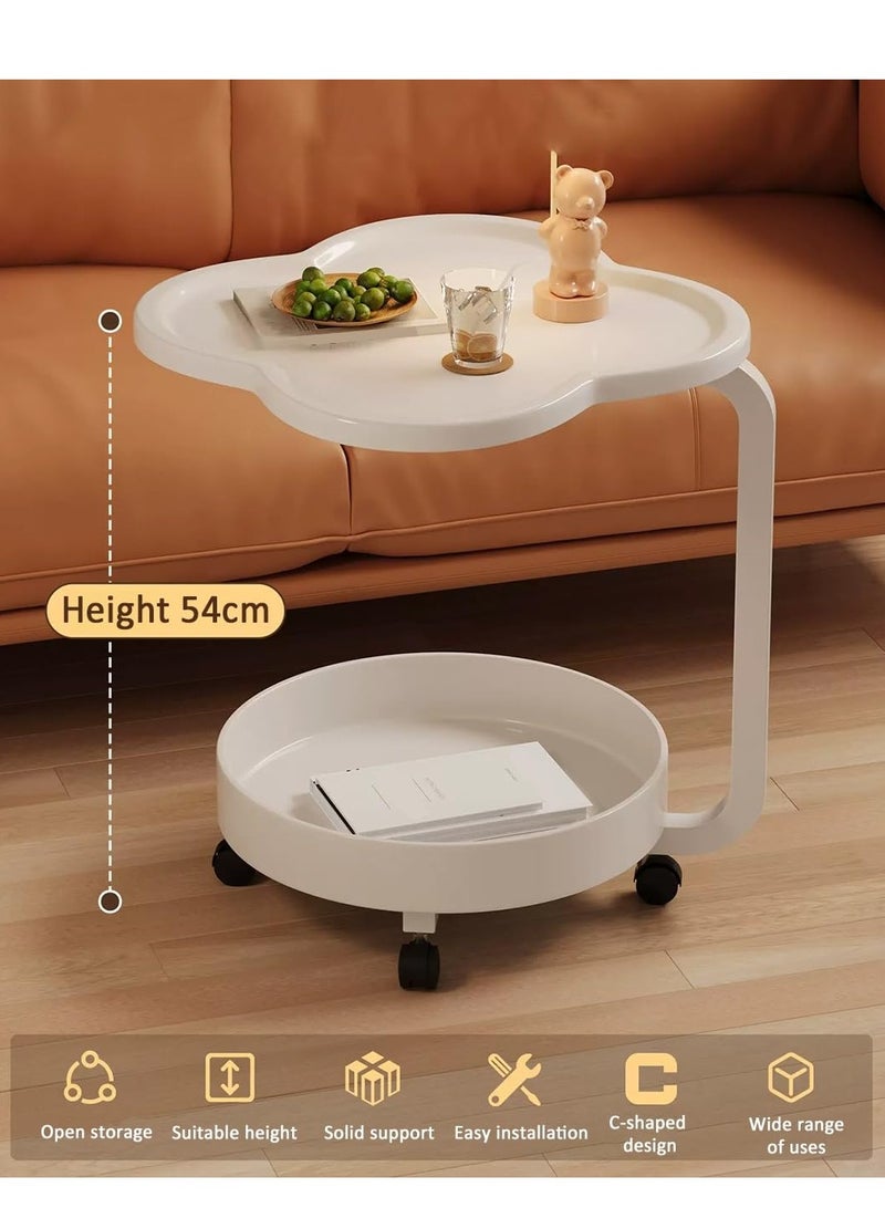 XiuWoo C-Shape Mobile End Table Flower Shape Side Table for Couch, 2 Tier Side Cabinet Modern Bedside Table and 4 Wheels for Bedroom Balcony, White - Image 3