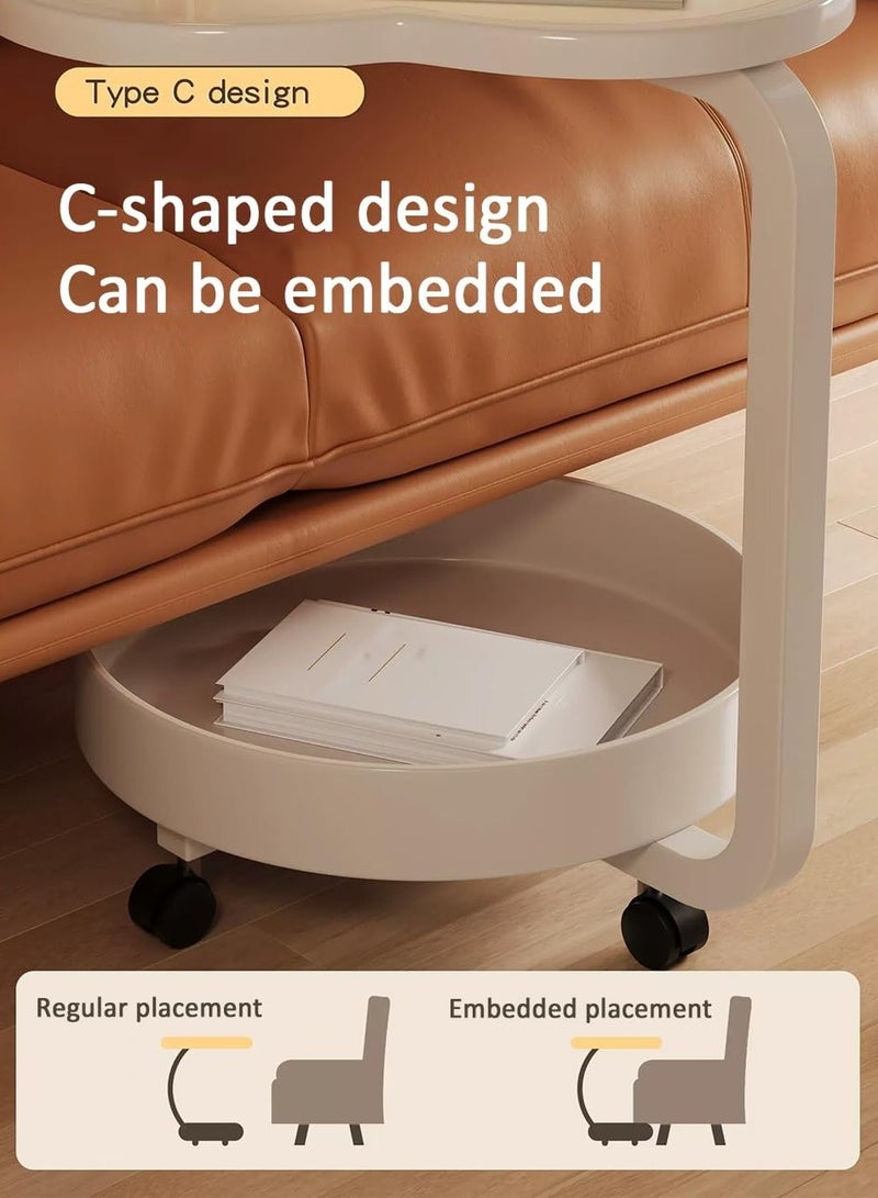 XiuWoo C-Shape Mobile End Table Flower Shape Side Table for Couch, 2 Tier Side Cabinet Modern Bedside Table and 4 Wheels for Bedroom Balcony, White - Image 4