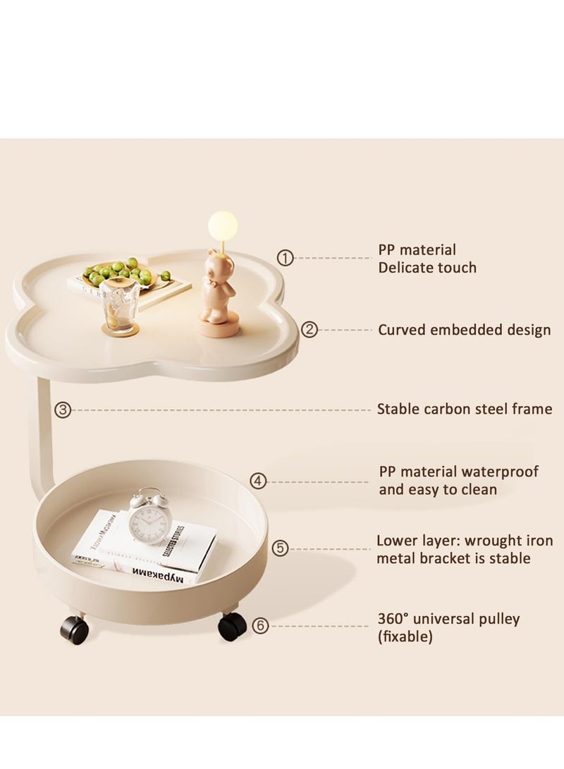 XiuWoo C-Shape Mobile End Table Flower Shape Side Table for Couch, 2 Tier Side Cabinet Modern Bedside Table and 4 Wheels for Bedroom Balcony, White - Image 5