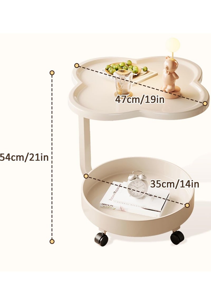 XiuWoo C-Shape Mobile End Table Flower Shape Side Table for Couch, 2 Tier Side Cabinet Modern Bedside Table and 4 Wheels for Bedroom Balcony, White - Image 2