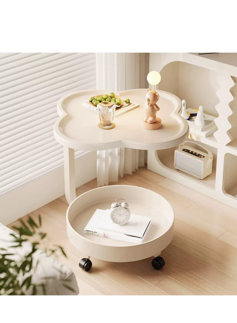 XiuWoo C-Shape Mobile End Table Flower Shape Side Table for Couch, 2 Tier Side Cabinet Modern Bedside Table and 4 Wheels for Bedroom Balcony, White - Image 1