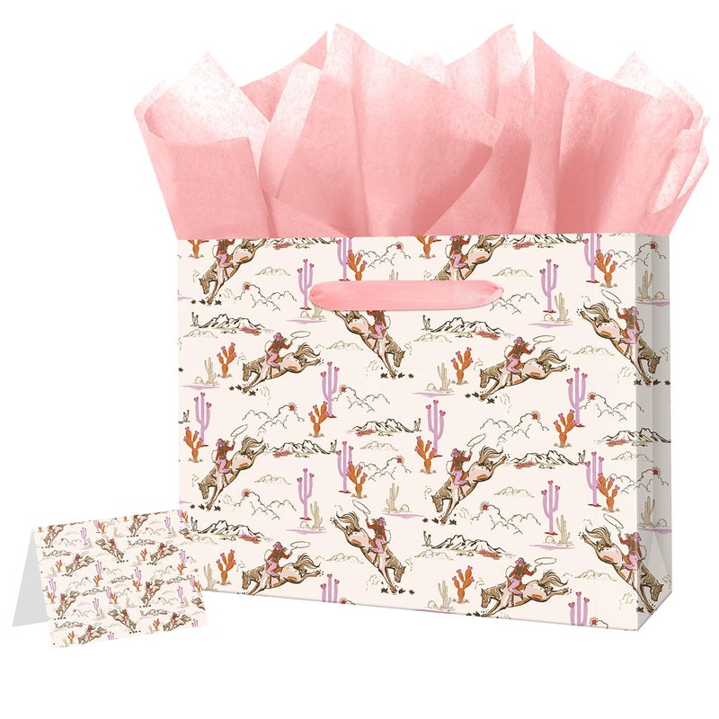 Linelglobal Large Cowgirl Gift Bag With Tissue Ppaer For Women Girl Birthday Western Theme Party Rodeo Stuffer 12.6"" - Image 1
