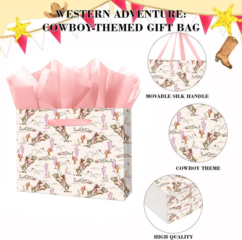 Linelglobal Large Cowgirl Gift Bag With Tissue Ppaer For Women Girl Birthday Western Theme Party Rodeo Stuffer 12.6"" - Image 3