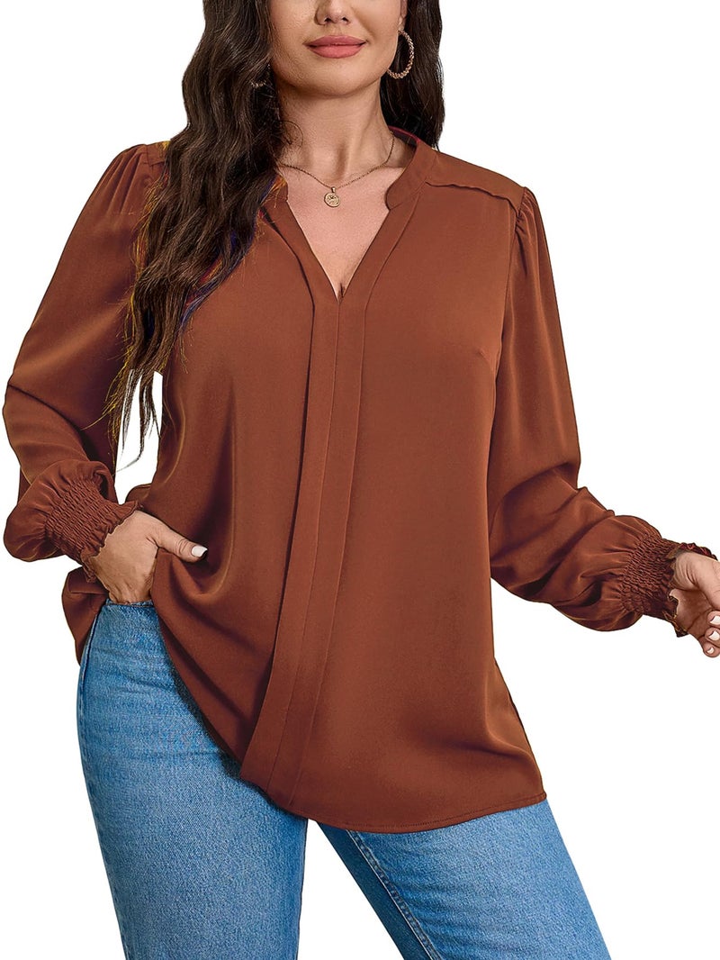 SCOMCHIC 2024 Plus Size Blouses for Women Dressy Casual V Neck Long Sleeve Casual Loose Shirts XL-5XL Rust - Image 1