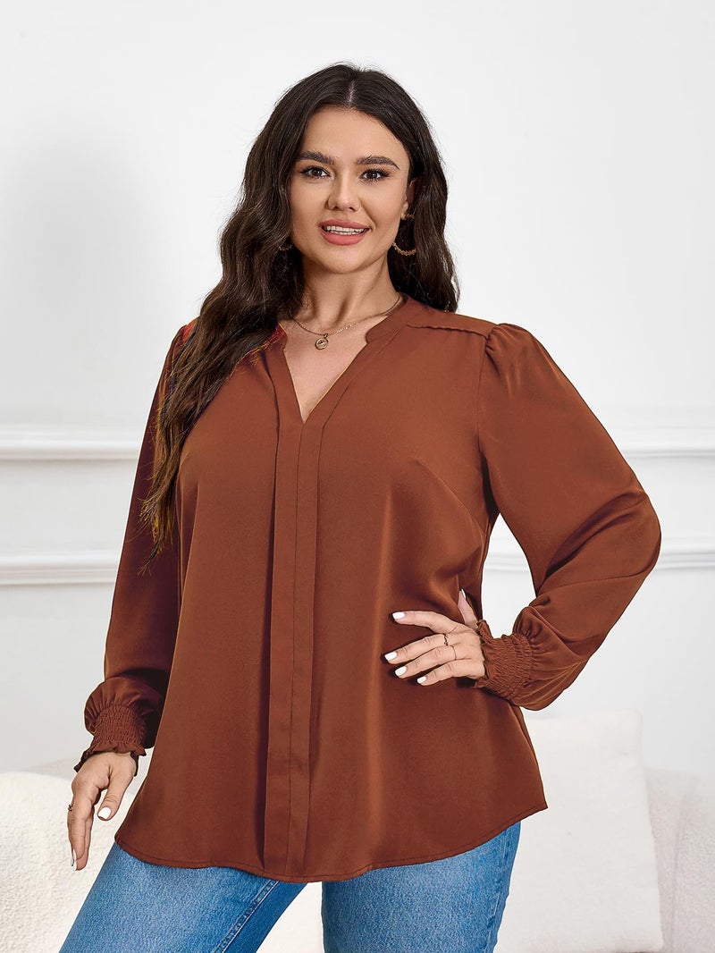 SCOMCHIC 2024 Plus Size Blouses for Women Dressy Casual V Neck Long Sleeve Casual Loose Shirts XL-5XL Rust - Image 2
