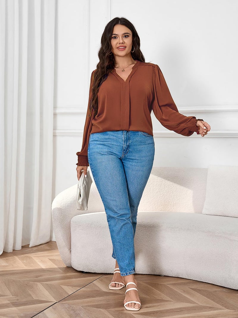 SCOMCHIC 2024 Plus Size Blouses for Women Dressy Casual V Neck Long Sleeve Casual Loose Shirts XL-5XL Rust - Image 5