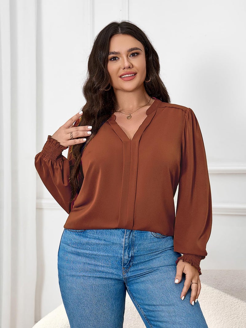 SCOMCHIC 2024 Plus Size Blouses for Women Dressy Casual V Neck Long Sleeve Casual Loose Shirts XL-5XL Rust - Image 4