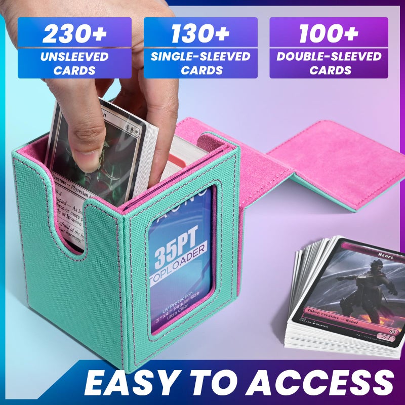 UAONO Card Deck Box with MTG Commander Display, Deck Case Holds 100+ Double-Sleeved Cards, Trading Card Storage Box Fits TCG/PTCG/Sports Card with 2 Dividers, 1 Top Loaders (Turquoise, Pink) - Image 2