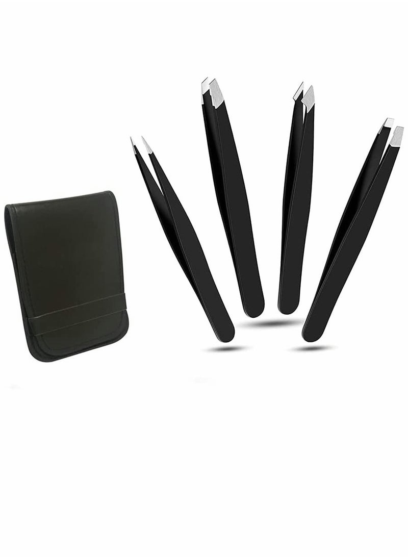 SYOSI Eyebrows Tweezers Set, 4 Pcs Woman and Men Precision Eyebrow Tweezers Set with Travel Case, for Ingrown Fine Hair Removal, Splinter Blackhead Remover Gifts (Black)  - Image 1