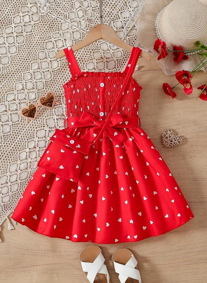تايك تو Take Two Heart Print Smocked Dress with Sling Bag