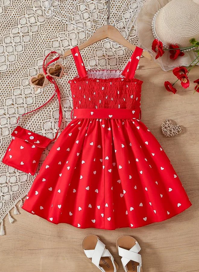 تايك تو Take Two Heart Print Smocked Dress with Sling Bag