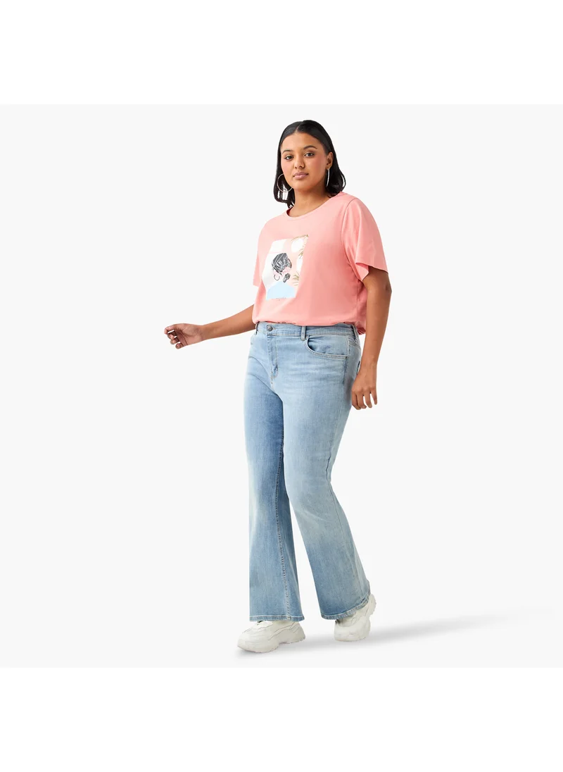 Ulla Popken Plus Size Ulla Popken Graphic Print Round Neck T-shirt with Short Sleeves