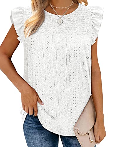 Jescakoo Womens Tank Tops White Blouse Dressy Casual Sleeveless Blouses for Women Eyelet M - Image 2