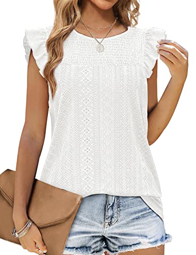 Jescakoo Womens Tank Tops White Blouse Dressy Casual Sleeveless Blouses for Women Eyelet M - Image 1