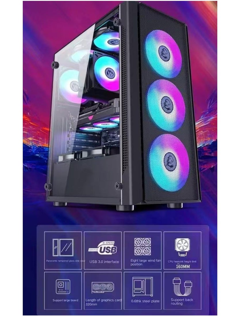 Generic Computer case Pre-Installed 6×120mm PWM ARGB Fan, ATX Mid Tower PC Case, with Panoramic View Tempered Glass Front & Side Panel, Gaming PC Case, Black  - Image 2