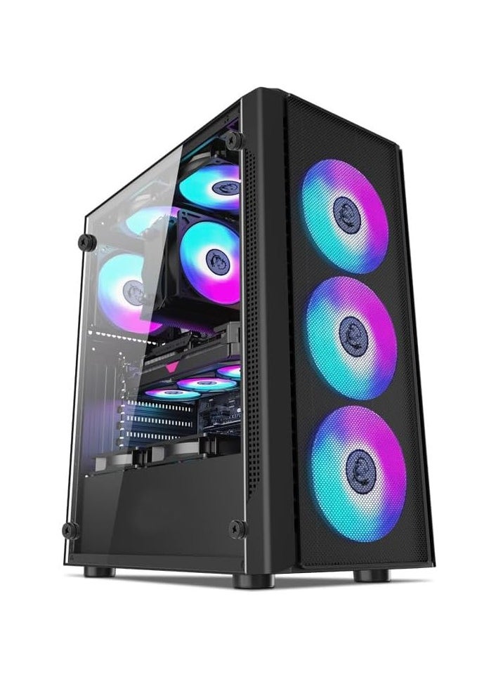 Generic Computer case Pre-Installed 6×120mm PWM ARGB Fan, ATX Mid Tower PC Case, with Panoramic View Tempered Glass Front & Side Panel, Gaming PC Case, Black  - Image 1
