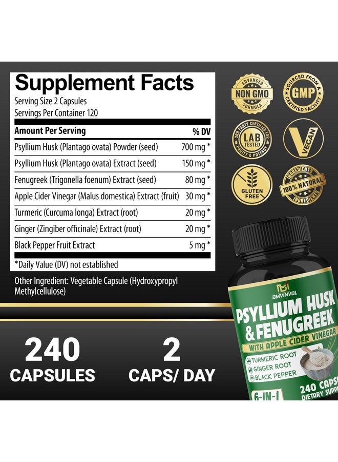 BMVINVOL BMVINVOL 6in1 Psyllium Husk, Fenugreek, Apple Cider Vinegar, Turmeric, Ginger, Black Pepper - Soluble Fiber for Supports Digestive Health & Regularity- 240 Capsules [4-Month Supply] - Image 2
