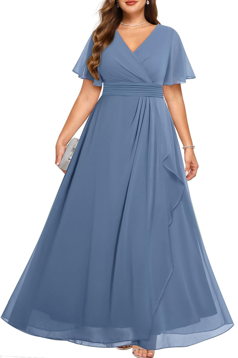 Talisea Dusty Blue Dress Plus Size Formal Dresses Bridesmaid Wedding Guest Mother of the Bride Prom Chiffon Short Sleeve Women - Image 4
