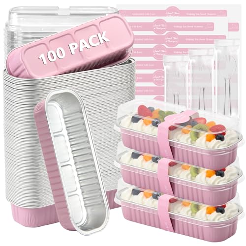 Ruckae 100 Pack Mini Loaf Cake Pan with Lids and Spoons Disposable Aluminum Tin Foil Pans Rectangle Mini Loaf Pans with Lids for Baking,Party,Picnics,Holidays (Pink) - Image 1
