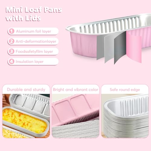 Ruckae 100 Pack Mini Loaf Cake Pan with Lids and Spoons Disposable Aluminum Tin Foil Pans Rectangle Mini Loaf Pans with Lids for Baking,Party,Picnics,Holidays (Pink) - Image 3