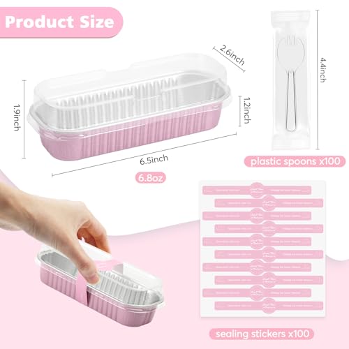 Ruckae 100 Pack Mini Loaf Cake Pan with Lids and Spoons Disposable Aluminum Tin Foil Pans Rectangle Mini Loaf Pans with Lids for Baking,Party,Picnics,Holidays (Pink) - Image 2