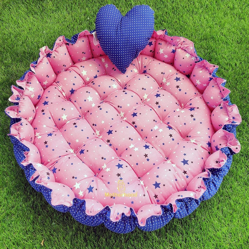 MOTHERHOOD MOTHERHOOD Round Baby Tub Bed and 1 Pc HeartShaped Pillow Big Size Luxury Mattress Sleeper Bedding Set Safe Cotton Fabric with RFilled UltraSoft Comfortable for Newborn Pink - Image 1
