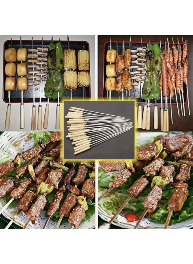 50 أسياخ شواء مقاومة للحروق بمقبض خشبي قابلة لإعادة الاستخدام 304 أسياخ باربكيو معدنية واسعة من الفولاذ المقاوم للصدأ - Image 4