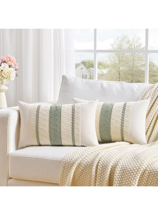 Decorative Lumbar Pillow Covers, Sage Green Boho Striped, Set of 2, 30x50cm - Image 1