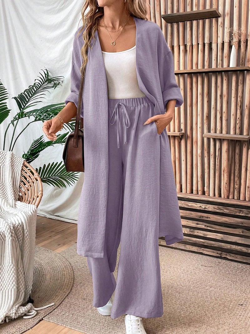 Women's Casual Two-Piece Set: Long Cardigan & Wide-Leg Pants, Loose Fit, Spring/Autumn