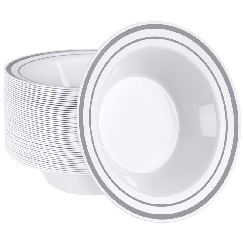 SETUP 12 oz  50 Piece Dessert Soup Bowls with Silver Rim Plastic Bowls Disposable  Premium HeavyDuty Disposable Soup Bowls for Party Wedding and All Occasions