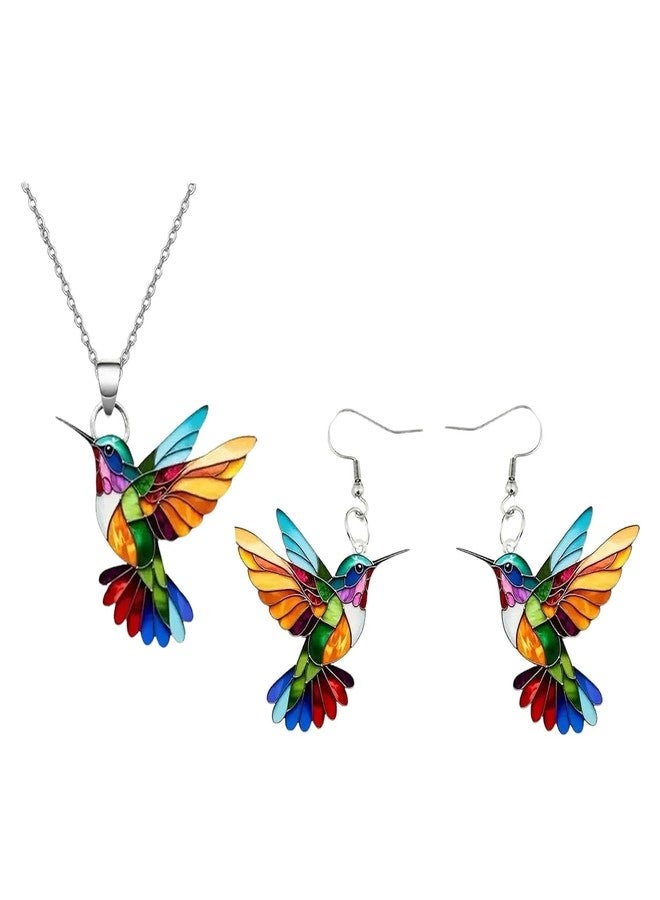 MIFYNN Colorful Hummingbird Necklace for Women 2D Hummingbird Dangle Necklaces Acrylic Hypoallergenic Cute Bird Necklaces For Women Bird Lovers (Necklace+Earrings) - Image 1
