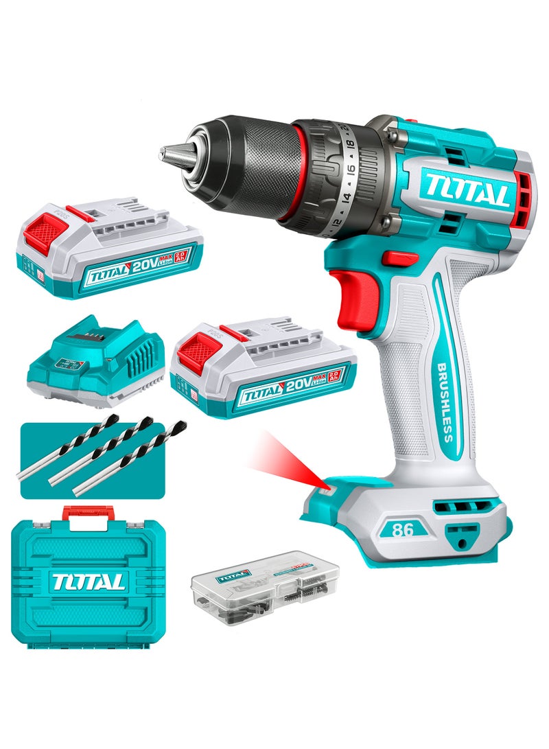 TOTAL 20V Brushless Cordless Impact Drill (86Nm Torque) - Heavy Duty 13mm Metal Chuck, 22+1+1 Torque Settings, 2x 2.0Ah Batteries & 47-Piece Accessory Kit - TIDLI208687 - Image 1