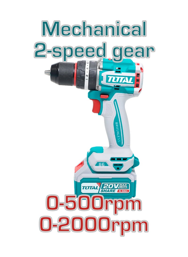 TOTAL 20V Brushless Cordless Impact Drill (86Nm Torque) - Heavy Duty 13mm Metal Chuck, 22+1+1 Torque Settings, 2x 2.0Ah Batteries & 47-Piece Accessory Kit - TIDLI208687 - Image 4