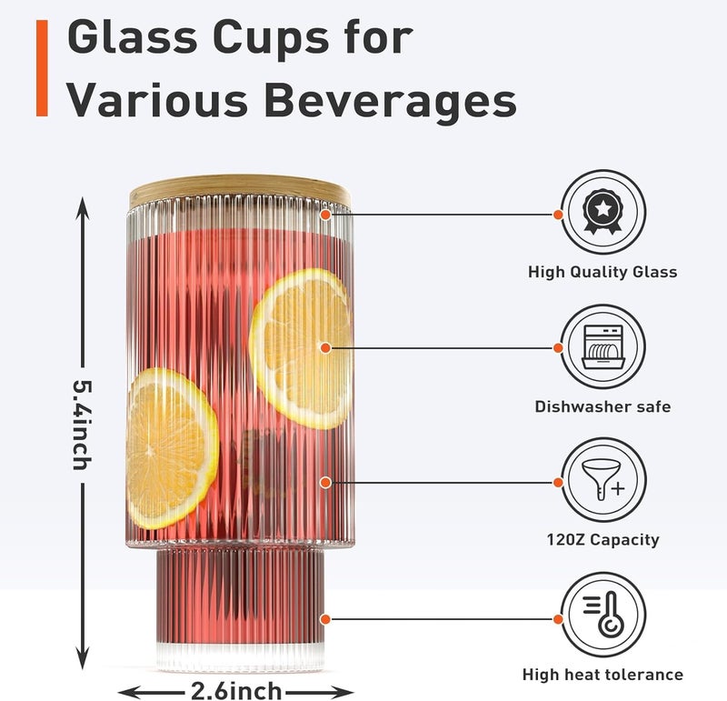 ASHASHA ASHASHA Ribbed Glass Coffee Sipper with Wooden Lid and Straw Pack of 2Multipurpose Drinking Tumbler for Juice Soda Smoothies Cocktail Home Travel Mugs 2  - Image 4