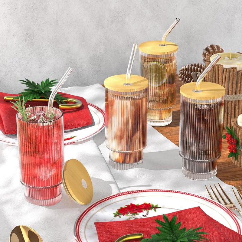 ASHASHA ASHASHA Ribbed Glass Coffee Sipper with Wooden Lid and Straw Pack of 2Multipurpose Drinking Tumbler for Juice Soda Smoothies Cocktail Home Travel Mugs 2  - Image 5