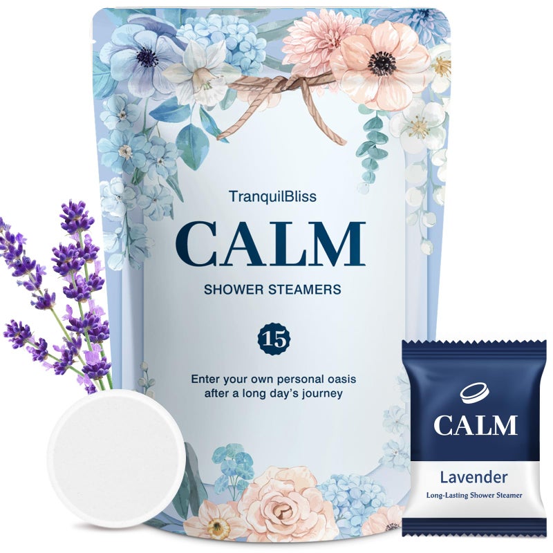 TranquilBliss Shower Steamers-15 Pack Shower Bombs with Lavender Scent, Self-Care Presents for Women Who Have Everything, Relaxation Birthday Presents for Women, Valentines Day Presents for Her - Image 1