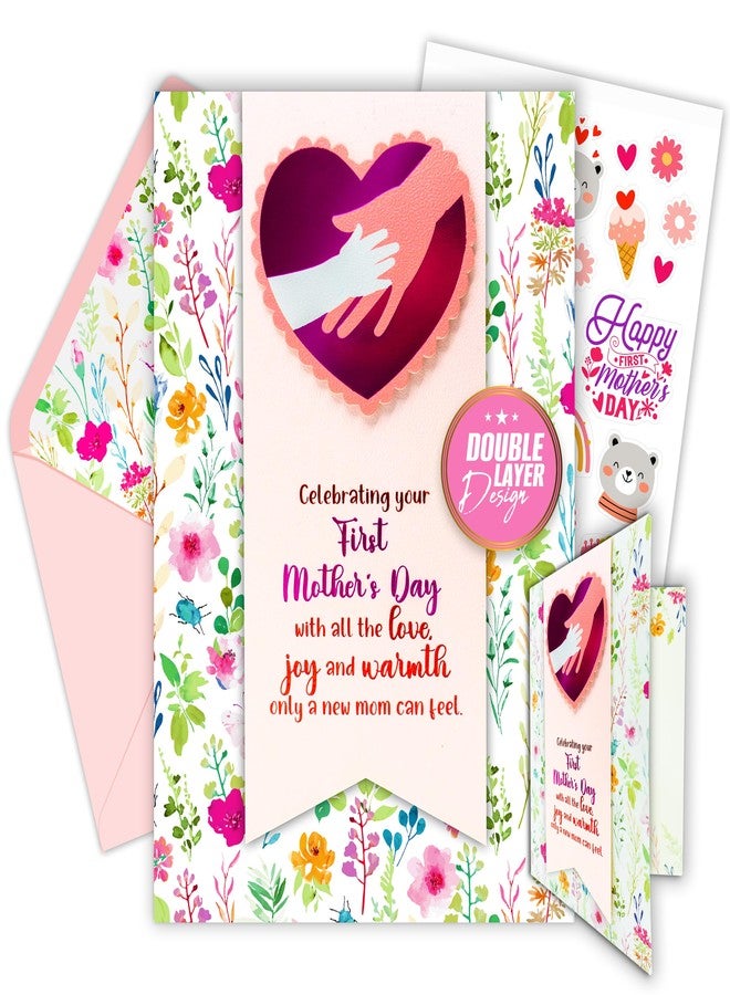 Decorably Foiled 5x7in Handmade Individual Happy First Mothers Day Card with Heart Cutout & Floral Design, Textured Happy 1st Mothers Day Card with Envelope, Stickers, & Printed Message Inside - Image 1