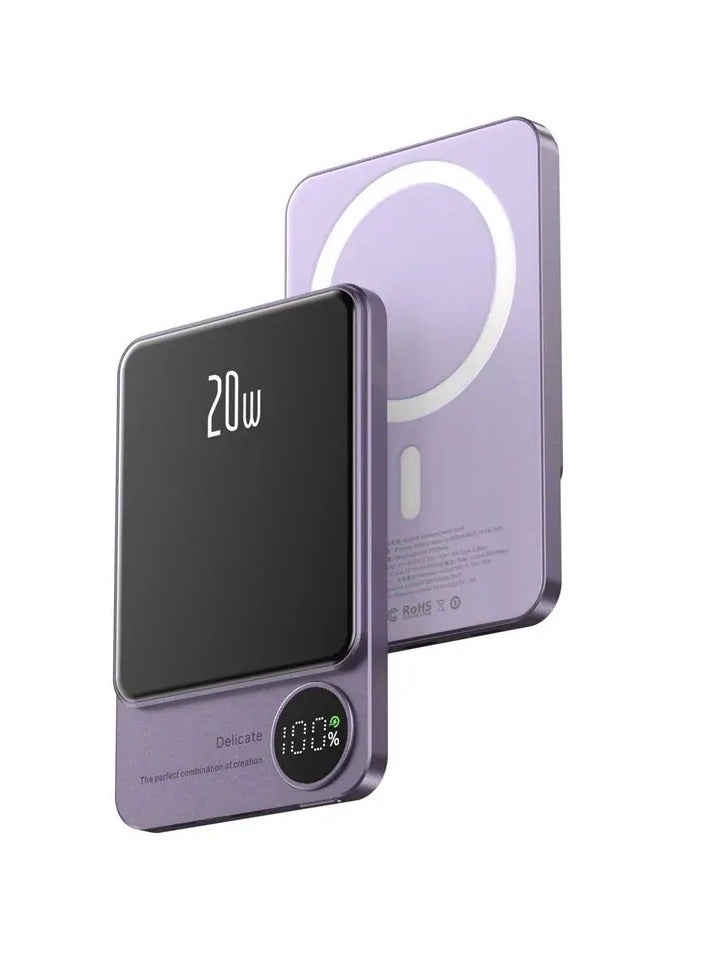 دولتري أحدث شاحن محمول 20 وات 10000 مللي أمبير في الساعة، بنك طاقة صغير، شحن لاسلكي مغناطيسي سريع، بنوك طاقة من سبائك الألومنيوم مع شاشة LED Q9-أرجواني - Image 1
