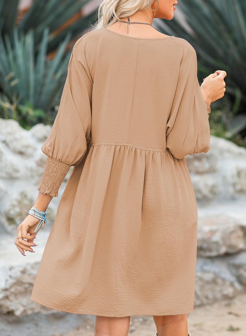 Dokotoo Womens Plus Size Spring Dresses for Women Wedding Guest Empire Waist Cute Tunic Babydoll Dress Casual Short Sleeve Flowy Western Cowgirl Country Shirt Dress Church Beige Easter Dresses XL - Image 4