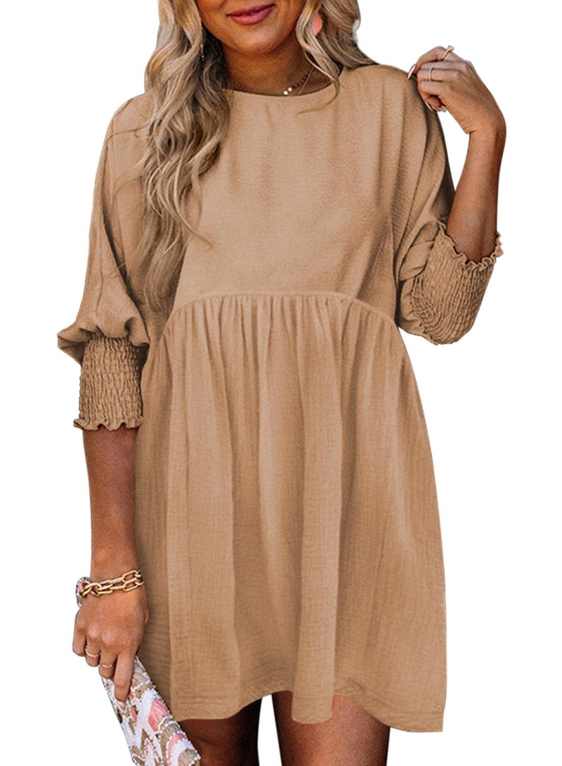 Dokotoo Womens Plus Size Spring Dresses for Women Wedding Guest Empire Waist Cute Tunic Babydoll Dress Casual Short Sleeve Flowy Western Cowgirl Country Shirt Dress Church Beige Easter Dresses XL - Image 1