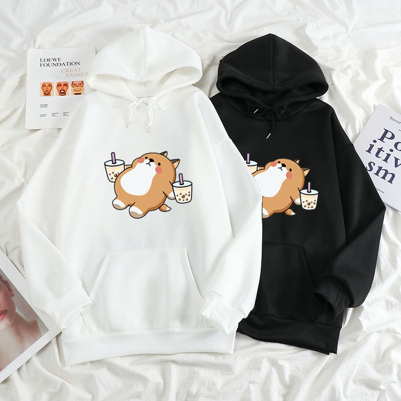 2021 Loose Women'S Clothing Aesthetic Illustration Drinking Milk Tea Chai Dog Hooded Sweatshirt Sweatshirt - Image 3