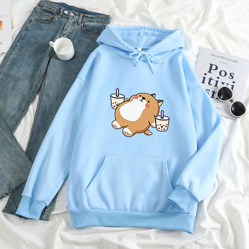 2021 Loose Women'S Clothing Aesthetic Illustration Drinking Milk Tea Chai Dog Hooded Sweatshirt Sweatshirt - Image 4