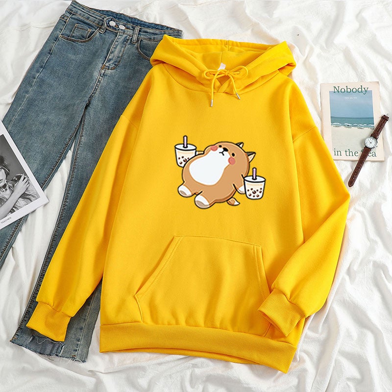 2021 Loose Women'S Clothing Aesthetic Illustration Drinking Milk Tea Chai Dog Hooded Sweatshirt Sweatshirt - Image 1