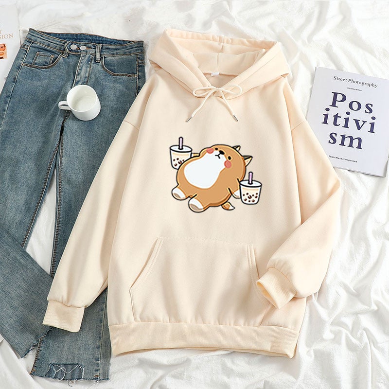 2021 Loose Women'S Clothing Aesthetic Illustration Drinking Milk Tea Chai Dog Hooded Sweatshirt Sweatshirt - Image 2