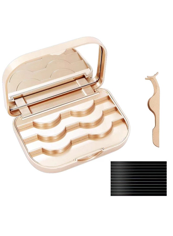 JYHi False Eyelash Storage Case with Mirror Lash Organizer Holder Box Empty Makeup Cosmetic Travel Case and Eyelash Tweezers Lash Container Gold - Image 3