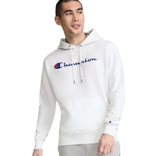 Champion Men's Pullover Fleece Hoodie, Standard Fit, Midweight, Available in Regular and Big & Tall, White-Classic Script Logo, Medium - Image 1