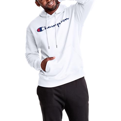 Champion Men's Pullover Fleece Hoodie, Standard Fit, Midweight, Available in Regular and Big & Tall, White-Classic Script Logo, Medium - Image 2